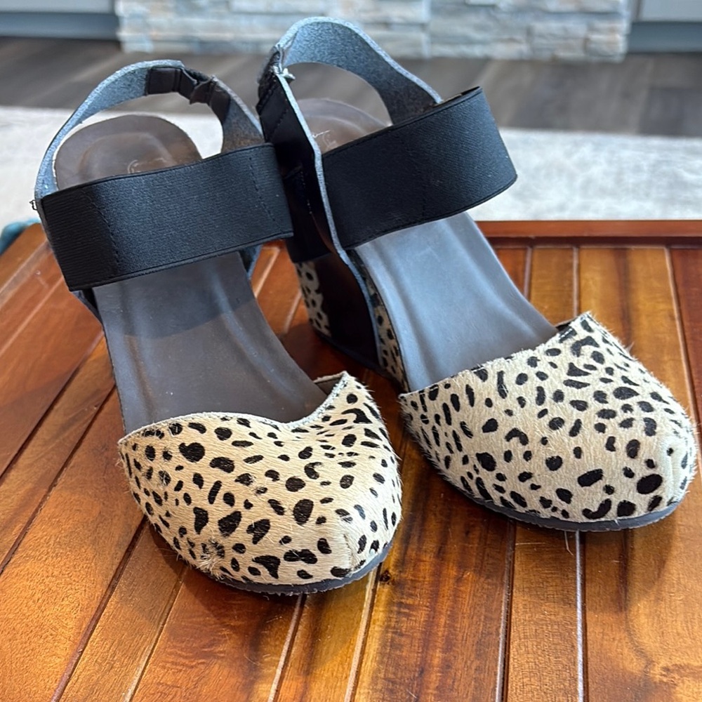 Corkys Black and Tan Wedges with Animal Print